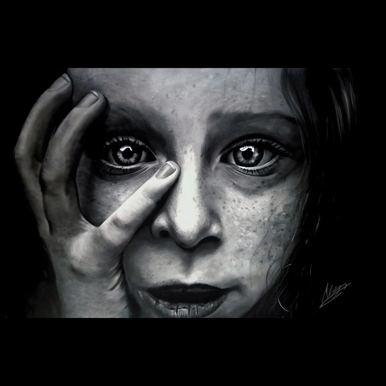 Drawing of a young girl's face with a finger pulling down one eye by Rob Bateman
