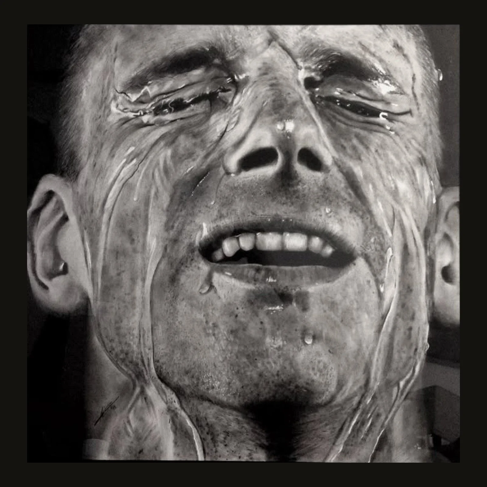 Drawing of a man's face with eyes closed and water pouring over it by Rob Bateman