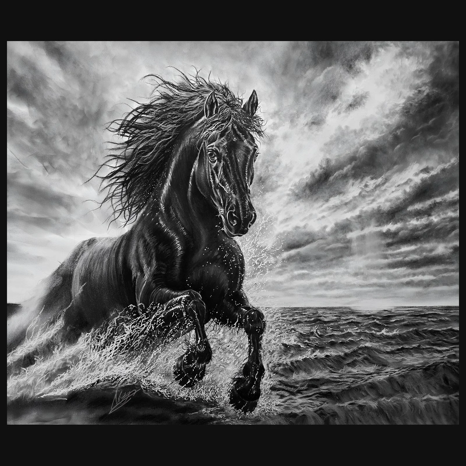 Drawing of a black horse galloping out of the sea under a stormy sky by Rob Bateman