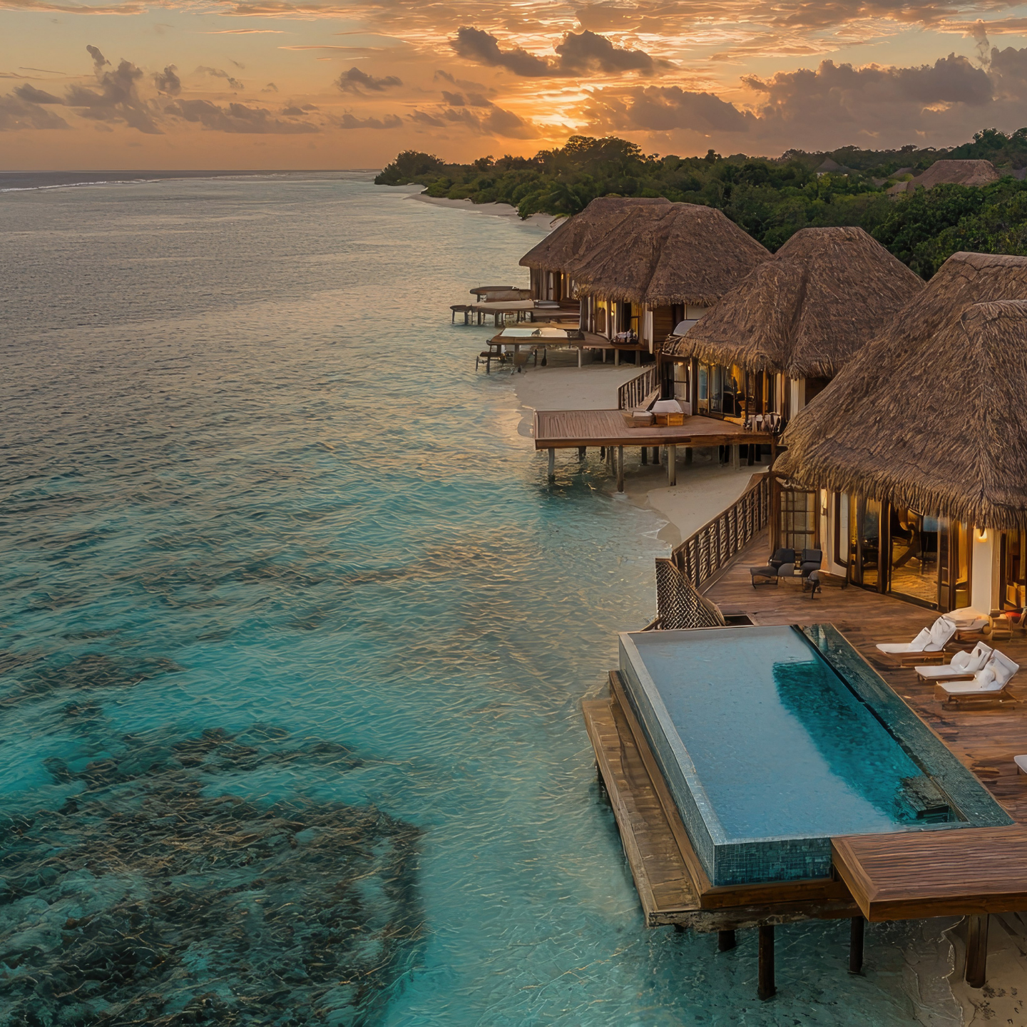 Overwater villa with private pool in tropical setting