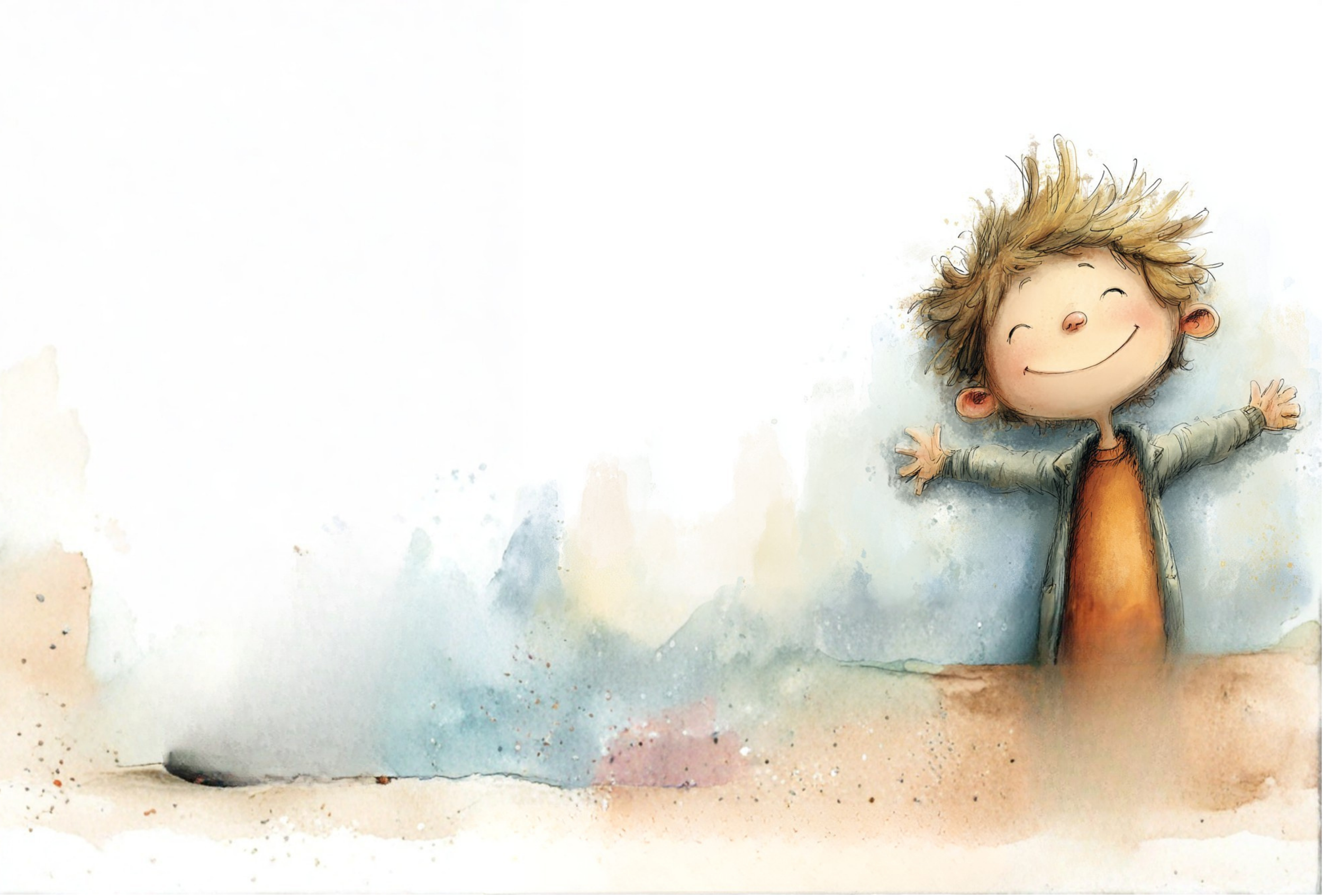 Ein fröhliches Kind mit offenen Armen, das an einer Wand steht, mit einem hellblauen und beige Wasserfarbenhintergrund.