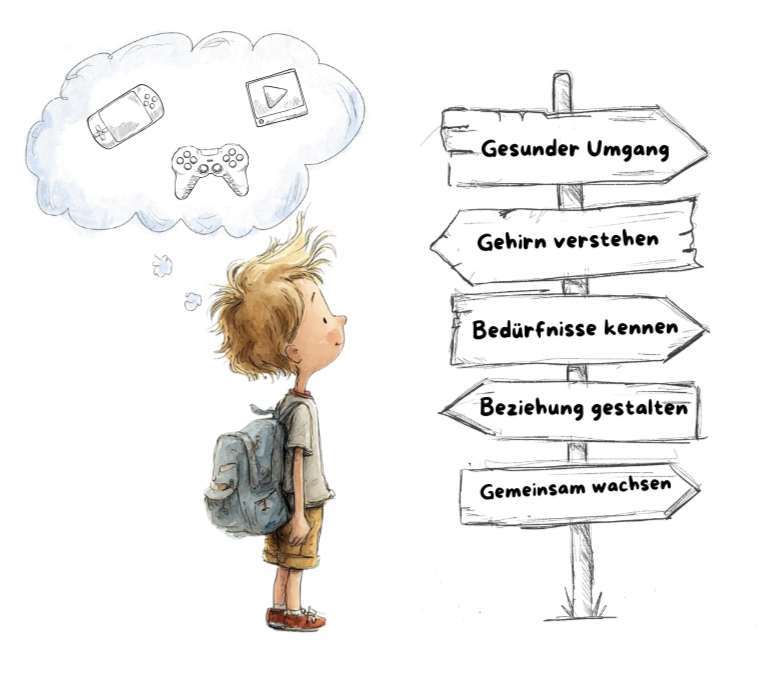 Ein Junge mit Rucksack, der an einem Wegweiser steht. Der Wegweiser zeigt Richtungen wie "Gesunder Umgang", "Gehirn verstehen", "Bedürfnisse kennen", "Beziehung gestalten" und "Gemeinsam wachsen". Über dem Jungen schwebt eine Gedankenblase mit Videospiel-Controllern.