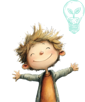 Ein glückliches Kind mit ausgestreckten Armen neben einer Glühbirne mit einem Pflanzensprössling im Inneren im Comic-Stil.