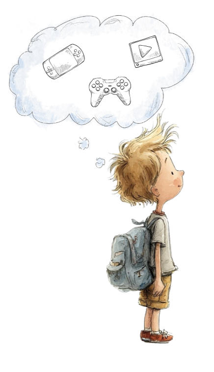 Ein kleiner Junge mit Rucksack und kurzen Kleidern steht nachdenklich und schaut nach oben, mit einem großen leeren Sprechblasen-Symbol über seinem Kopf. Sie zeigen Tablet, Switch und ein Smartphone.