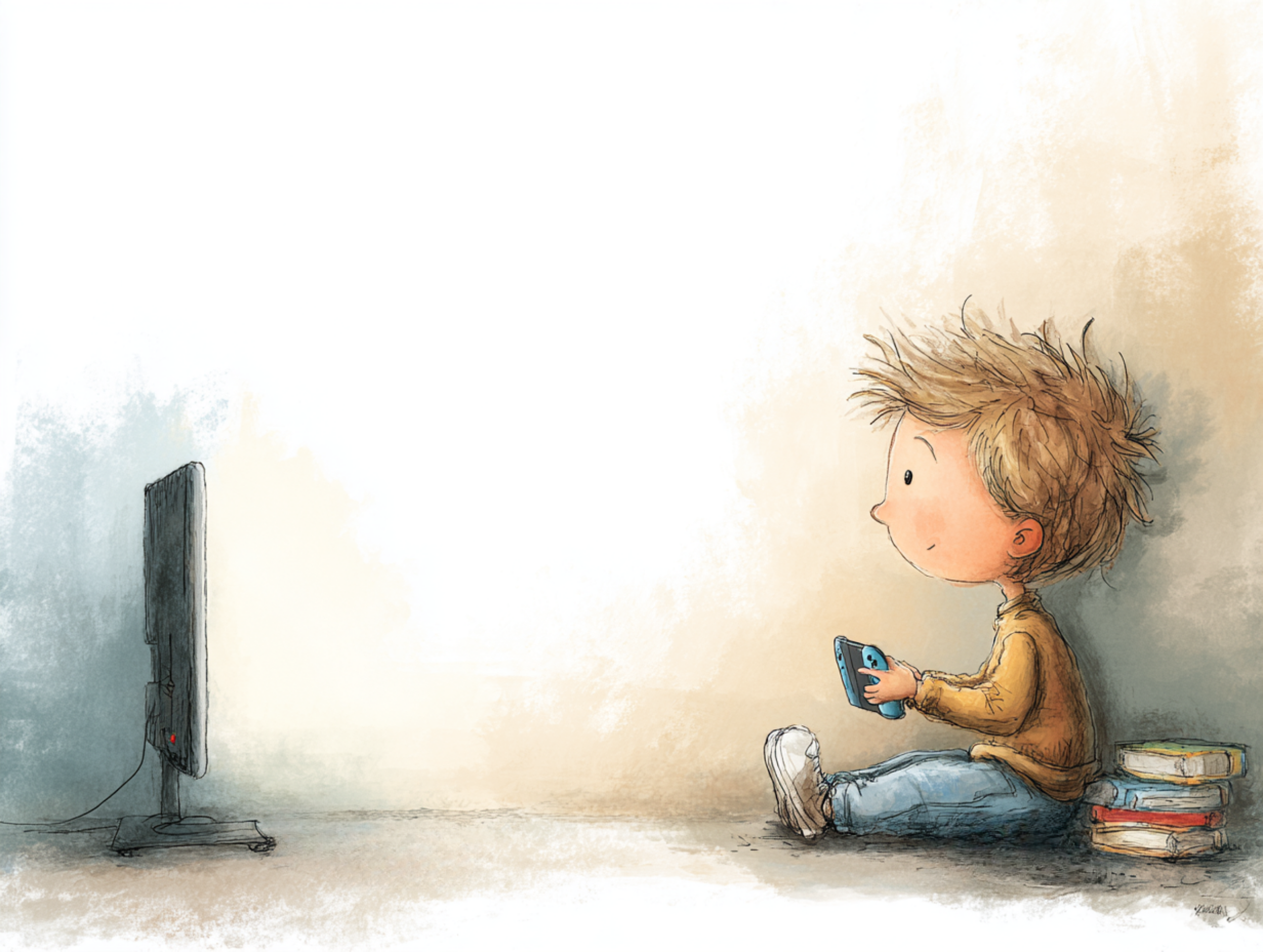 Ein Kind sitzt auf dem Boden und spielt mit einem Videospiele, während vor ihm ein Fernseher steht. Das Kind hat braune, zerzauste Haare und trägt ein gelbes Langarmshirt und blaue Jeans.