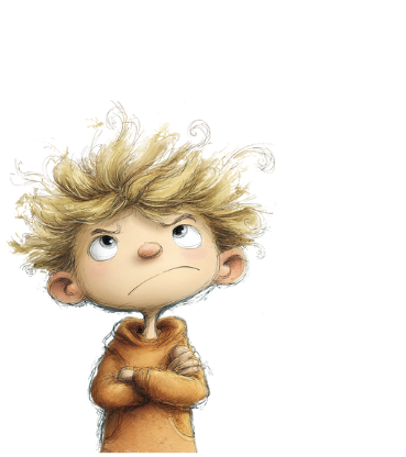 Ein Kinderbild mit einem Jungen, der die Arme verschränkt und nachdenklich schaut, mit wildem, blondem Haar.