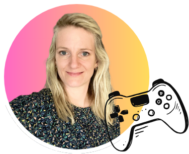 Porträt einer Medienzeit mit Nina vor einem bunten kreisförmigen Hintergrund neben einer Zeichnung eines Spiele-Controllers.