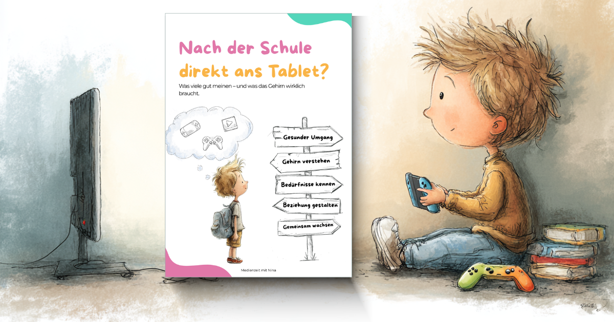 Ein junges Kind sitzt auf dem Boden, hält ein Smartphone in den Händen und schaut darauf, während neben ihm eine Reihe von Büchern liegt. An der Wand hängt ein Fernseher. Vor dem Kind liegt ein Spielecontroller.