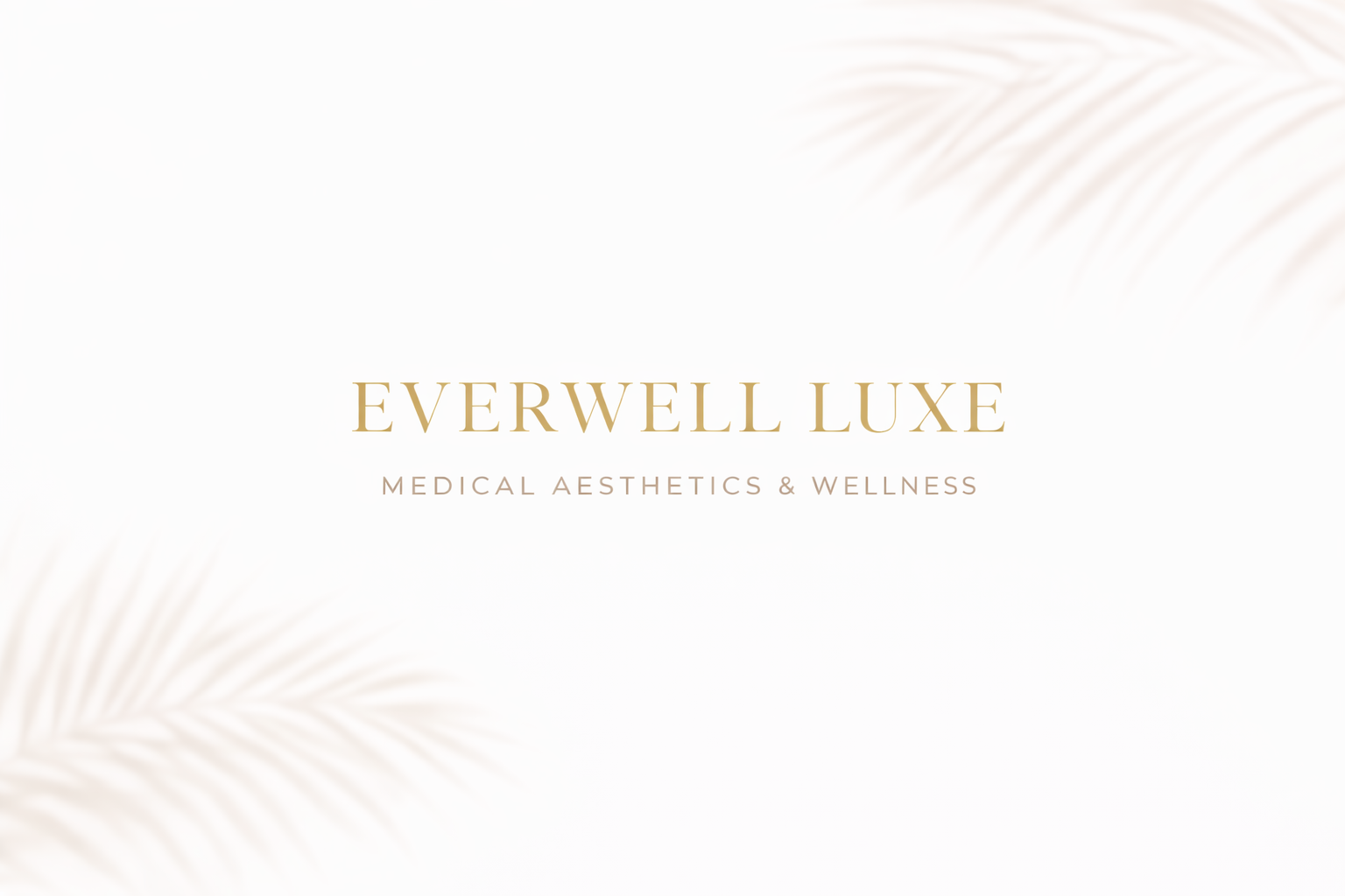Brand logo for Everwell Luxe, a medical aesthetics and wellness clinic, with beige-toned text and faint palm leaves in the background.