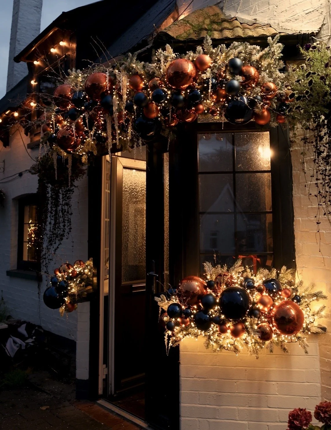 Doorway decorated with Christmas high end decor and lights, featuring garlands with burnt orange and navy baubles and frosted accents.