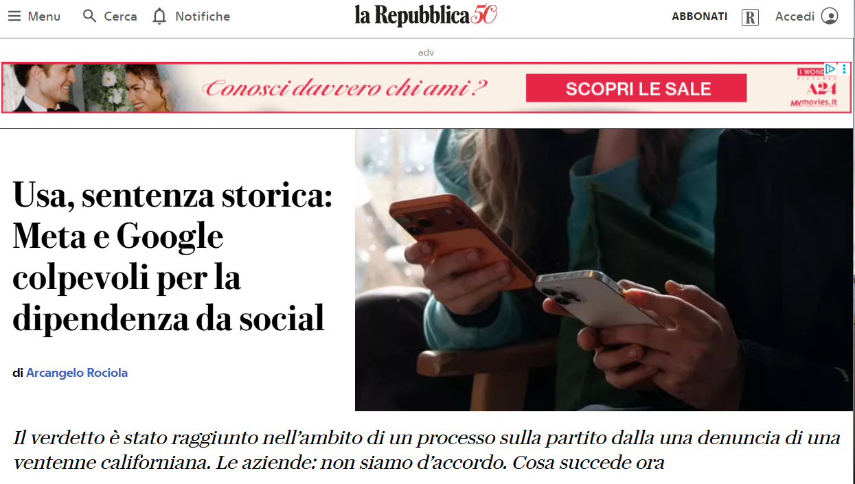 Sentenza: Google e Meta giudicate colpevoli di creare dipendenza per come sono state progettate le loro piattaforme.