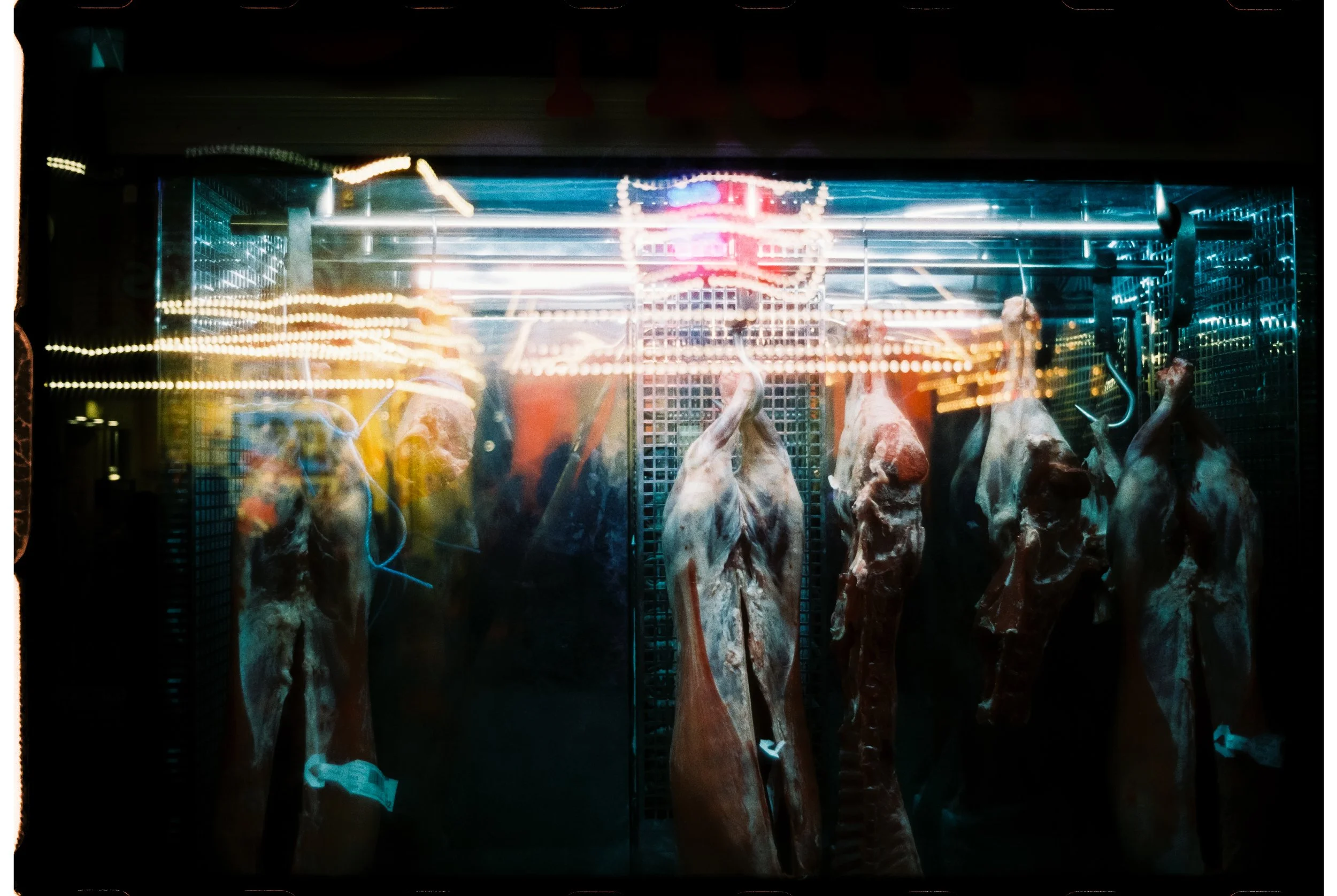 Fleischstücke hängen in einer Kühltheke in einem Supermarkt oder Metzgerei mit Neonbeleuchtung