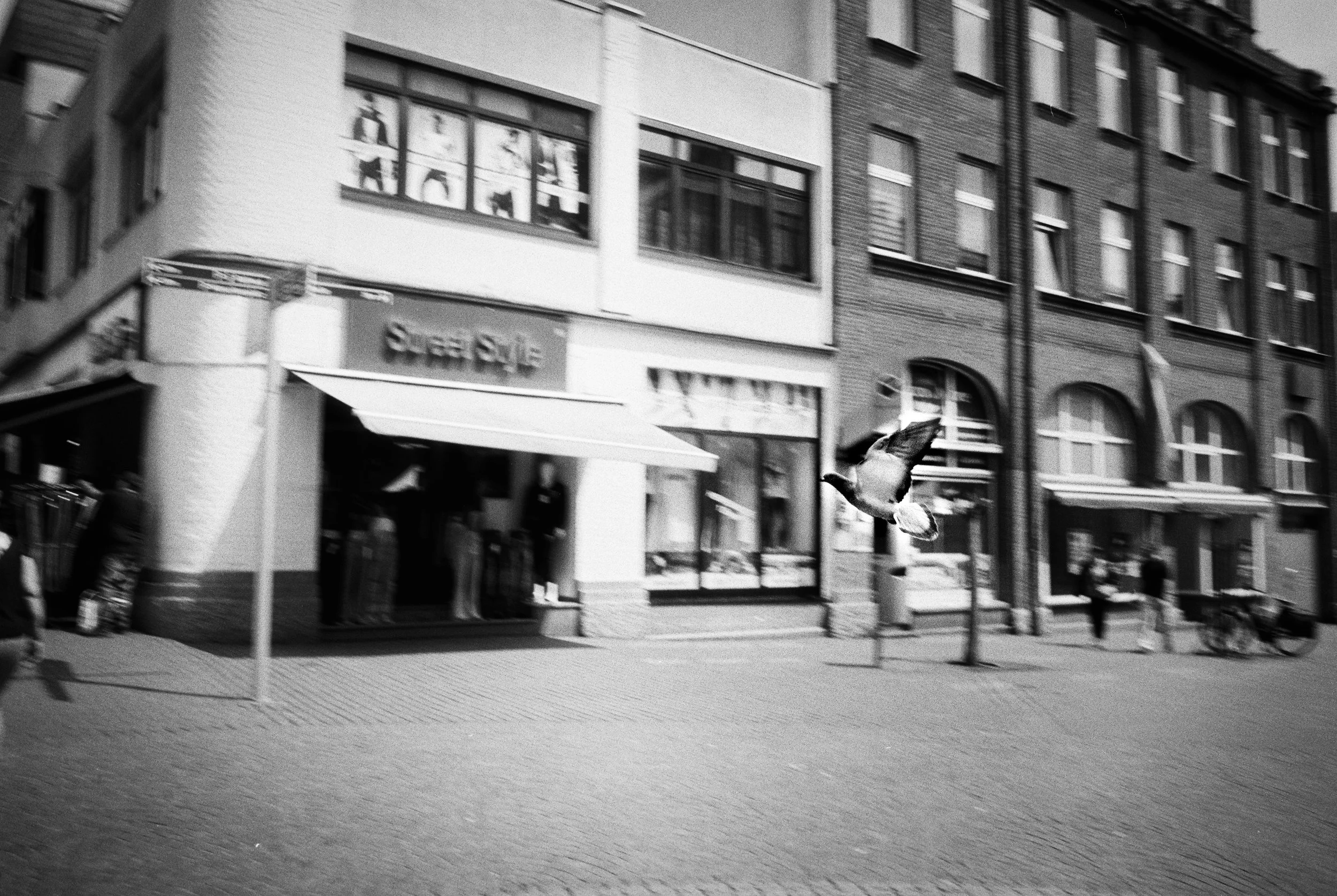 Schwarz-weiß-Foto einer Straße mit Gebäuden im Hintergrund, eine fliegende Ente im Vordergrund, Menschen am Gehweg.