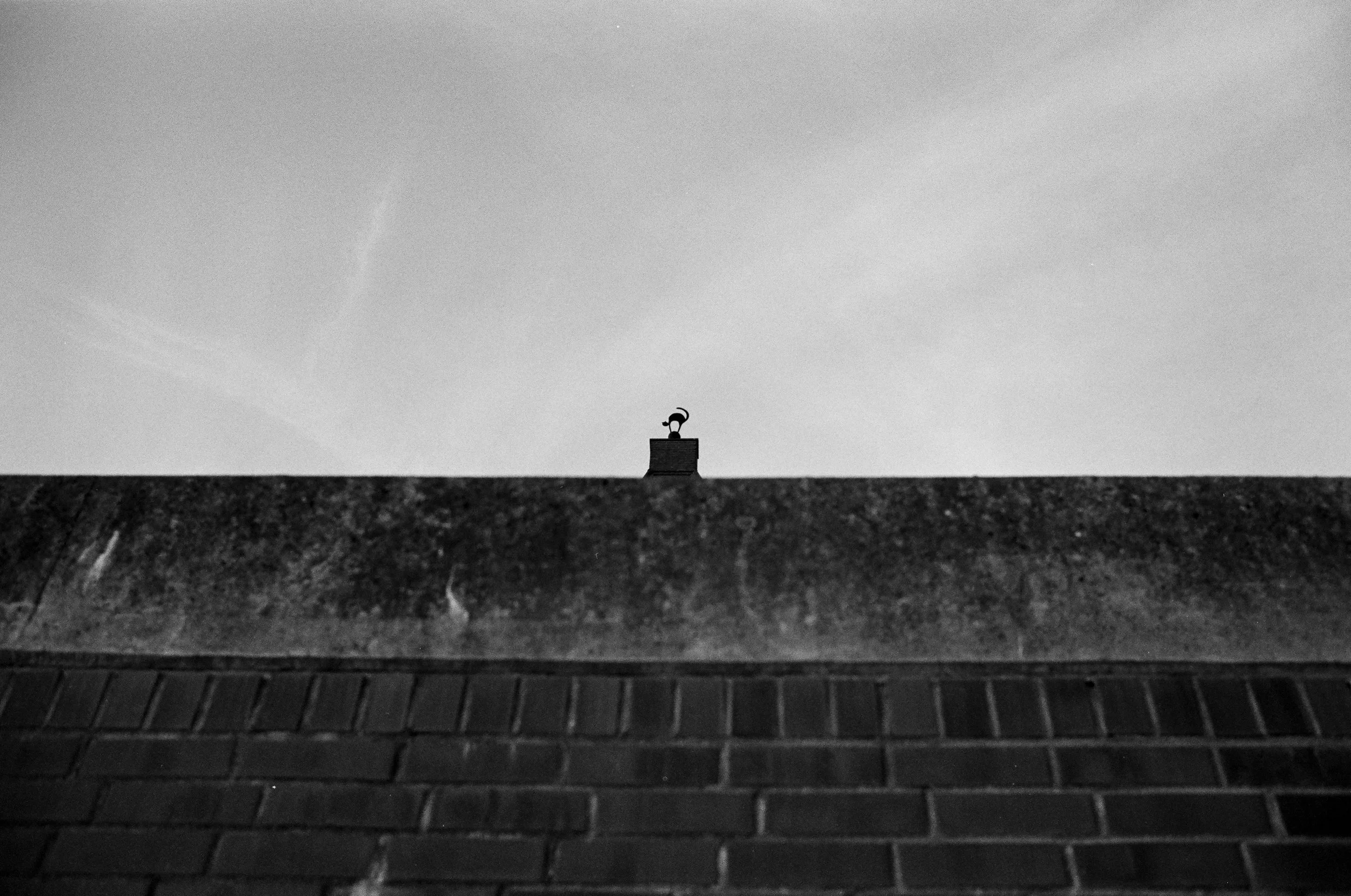 Schwarze Silhouette einer antiken Statue auf einem Schornstein, sichtbar über einem Dach aus Ziegelsteinen, gegen den Himmel.