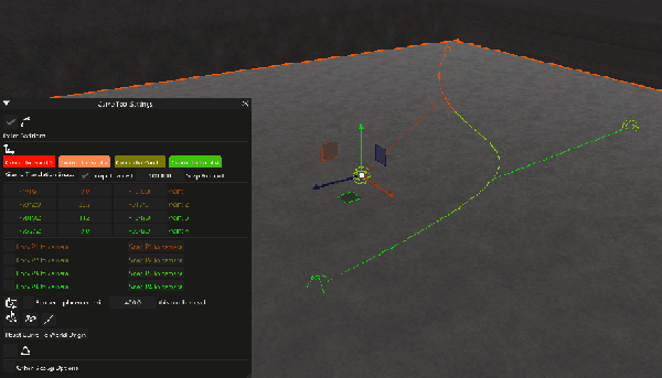 A 3D modeling software interface with a scene containing a grid floor, a coordinate axis, and a curved path or object, along with a properties panel showing settings and parameters.