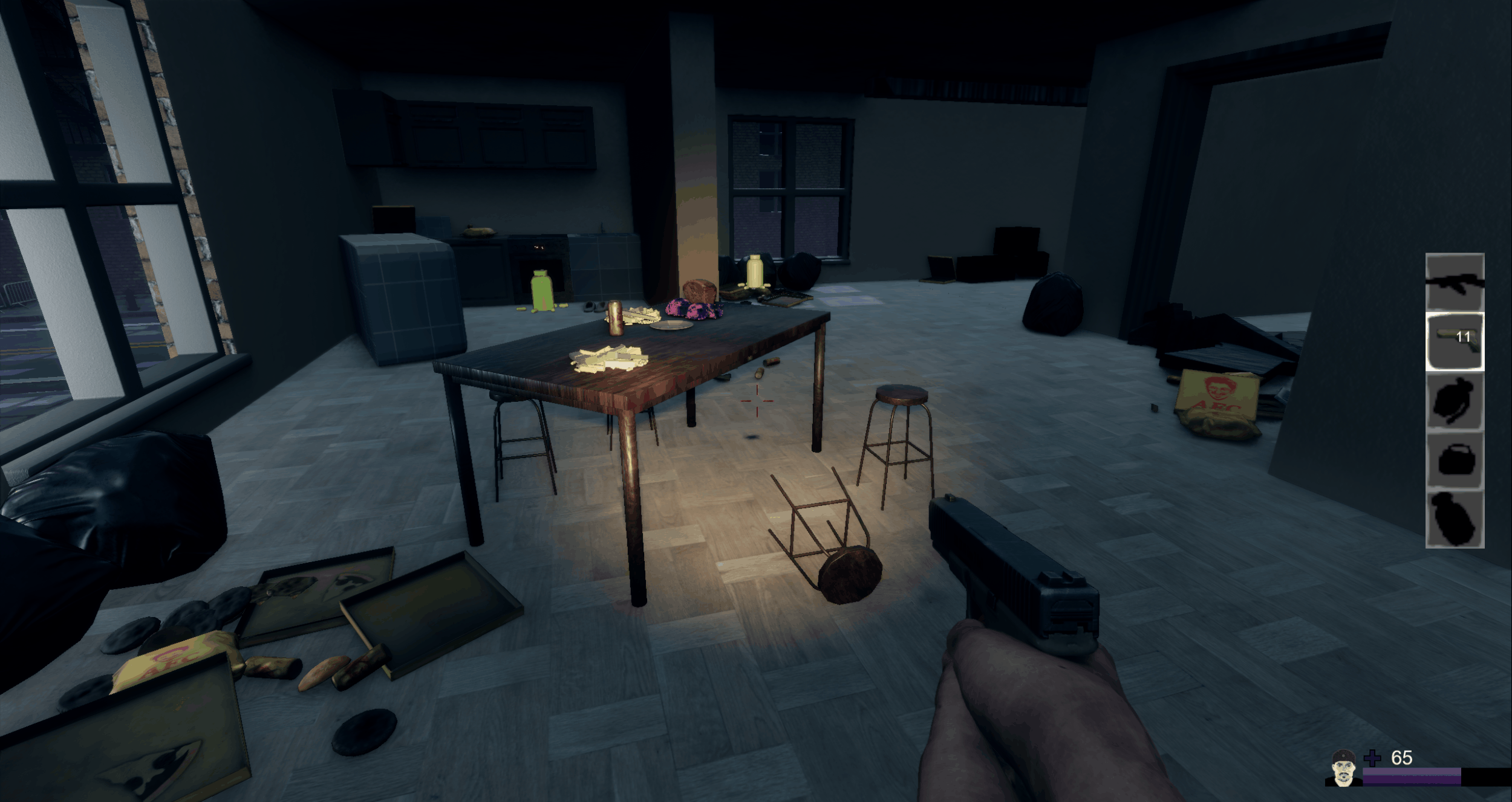 Abandoned apartment with a cluttered table, scattered food and trash, and bullet holes on the floor, viewed from a first-person shooter game.