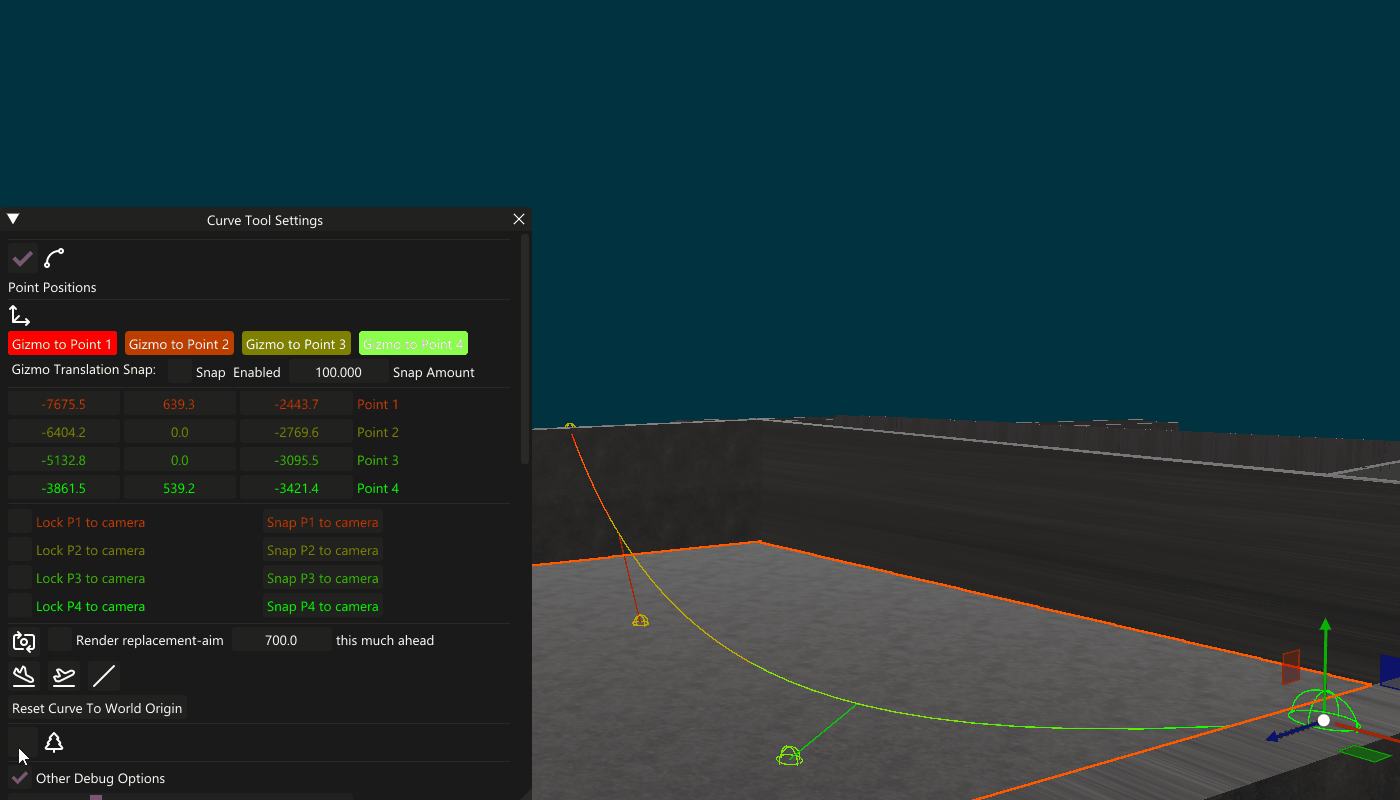 Screenshot of a 3D modeling software interface showing curve tool settings and point coordinates.