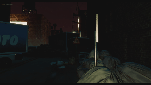 Dark alleyway scene with trucks, dumpsters, and construction signs at night.