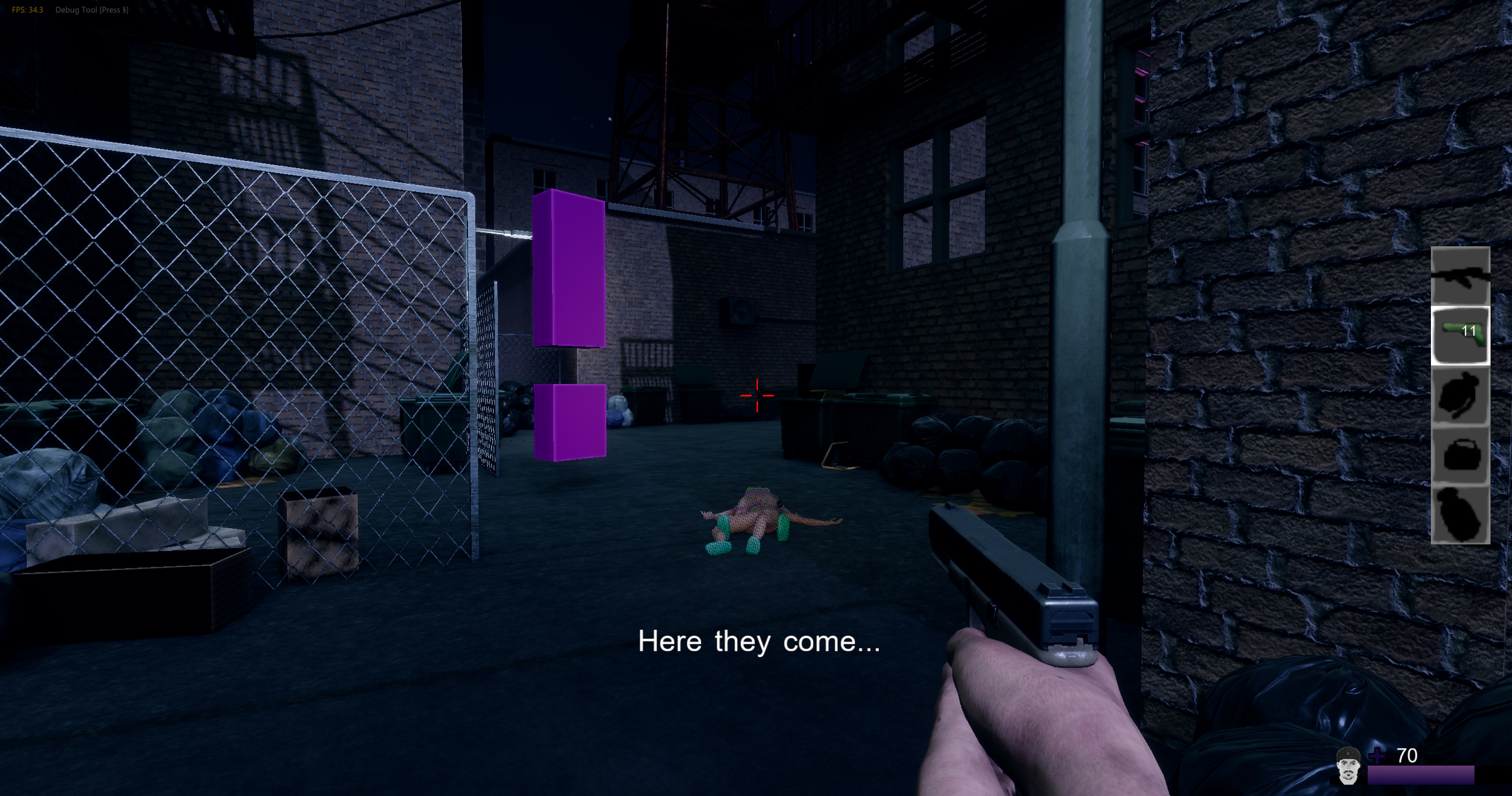 Video game scene set in an urban alley at night with a handgun in the foreground, trash bags, a fence with purple rectangular objects, and a character lying on the ground. Text on screen says, 'Here they come...'