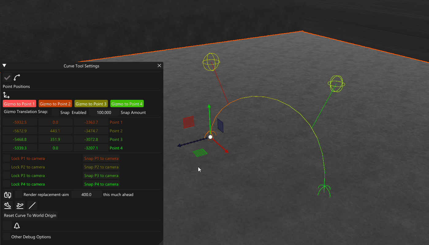 This image shows a 3D scene with a curve tool settings panel on the left and a workspace with 3D axes and control points on the right. The panel displays point positions and options for adjusting a curve with four points, along with lock and snap options for the points. The workspace contains three control points connected by a curve, with color-coded axes and gizmos for manipulating the curve.