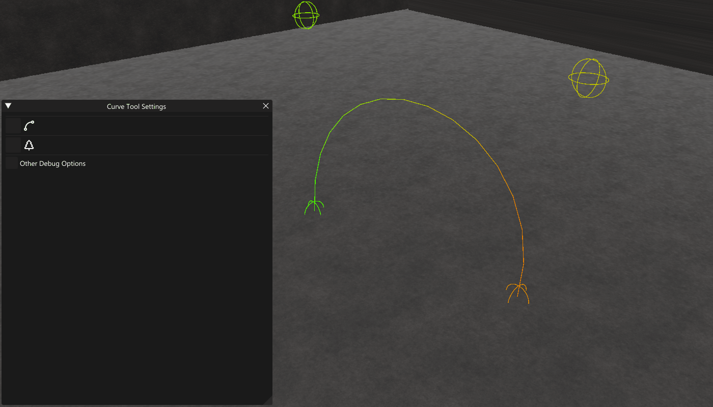 A 3D modeling environment showing a gray textured ground and black walls, with a user interface window labeled 'Curve Tool Settings' and two curved lines in green and orange, along with their control points.