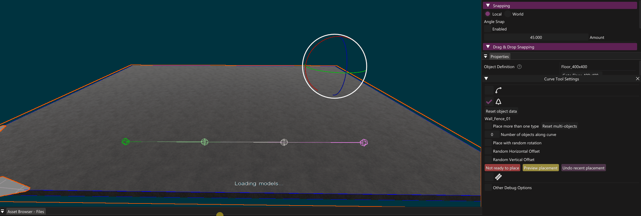 3D modeling software interface displaying a curved fence on a gray surface, with property settings and placement options visible.