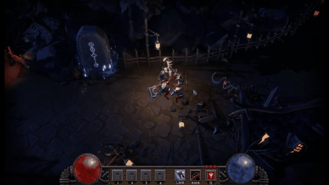 Video game screenshot featuring a character fighting enemies in a dark, dungeon-like environment with glowing blue and red orbs and a large glowing crystal in the background.