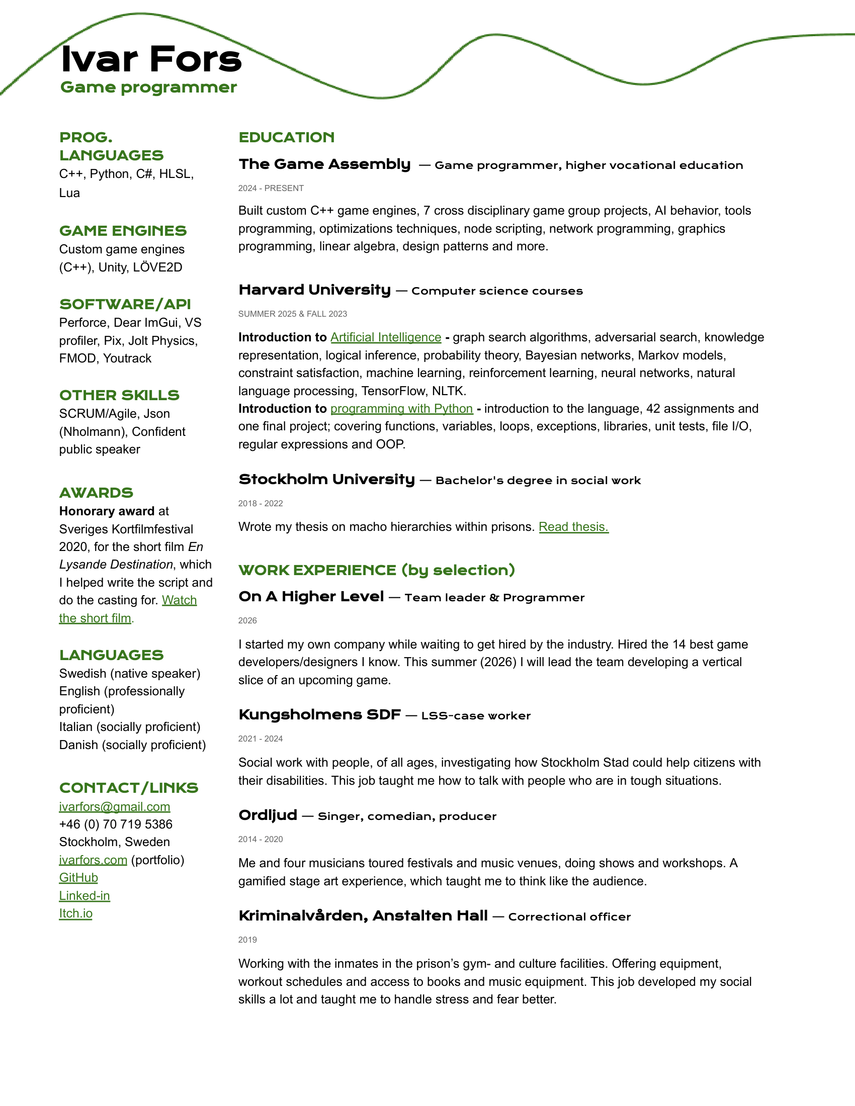 Built custom C++ game engines, 7 cross disciplinary game group projects, AI behavior, tools programming, optimizations techniques, node scripting, network programming, graphics programming, linear algebra, design patterns, audio programming and more.