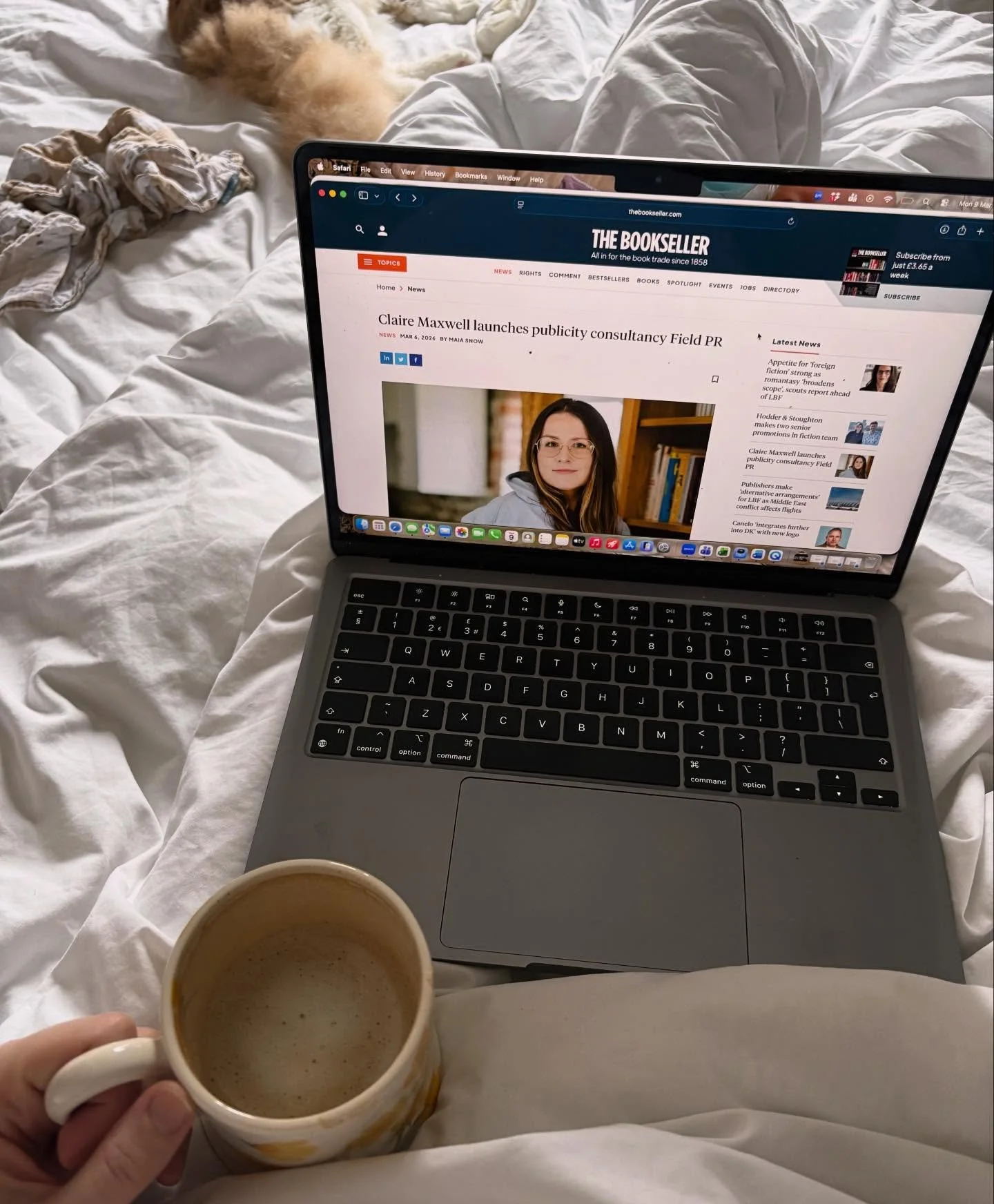 In @_thebookseller yesterday! Celebrated with a coffee in bed, with Jeremy and my baby&rsquo;s muslin. It&rsquo;s all glamour.