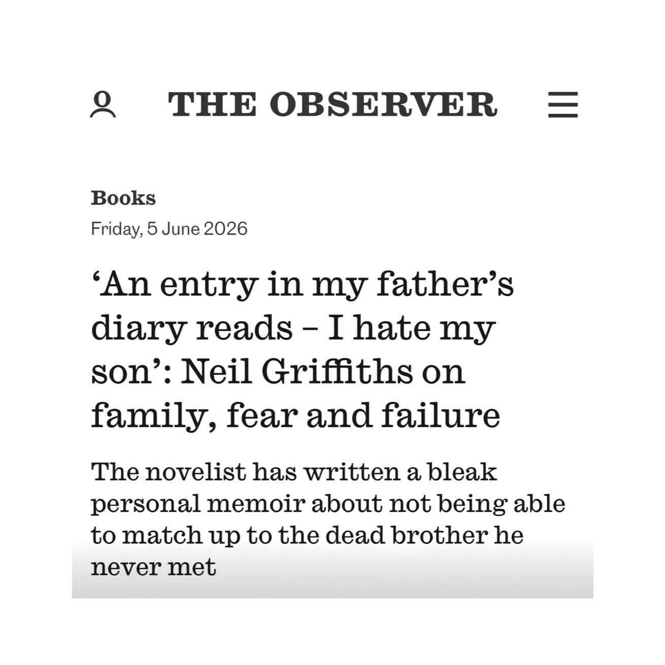 DON&rsquo;T MISS THIS &mdash; in @obsmagazine on Sunday!!! @neil_mac_griff interviewed by Xavier Greenfield about Neil&rsquo;s memoir, The Wrong Son.