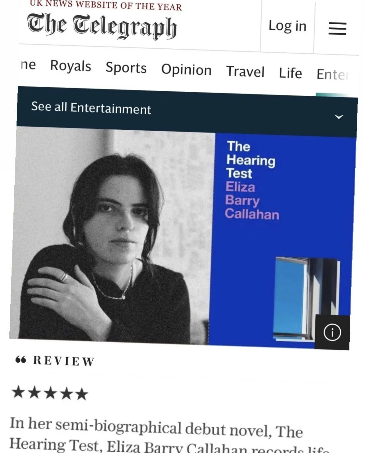 Screenshot of a news website featuring a black-and-white photo of a woman with dark hair, alongside an article about her debut novel titled "The Hearing Test" by Eliza Barry Callahan.