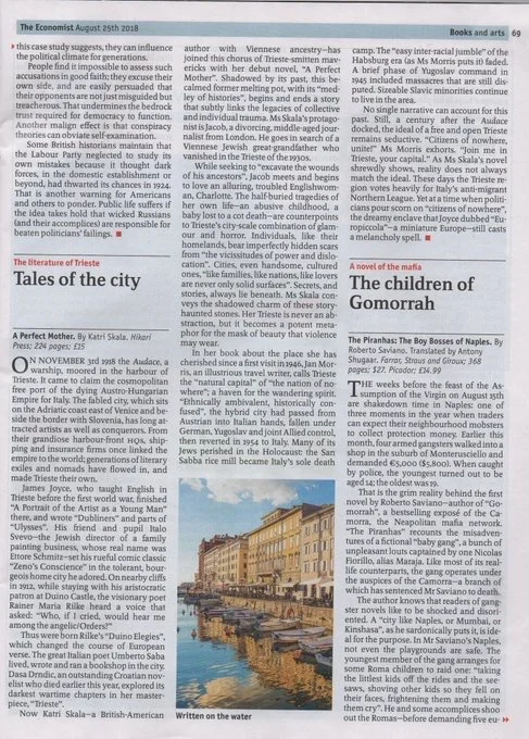 A newspaper page from The Economist featuring articles on the city of Trieste, including tales of the city and its relation to mafia and crime, with a photo of a canal and buildings in Trieste.