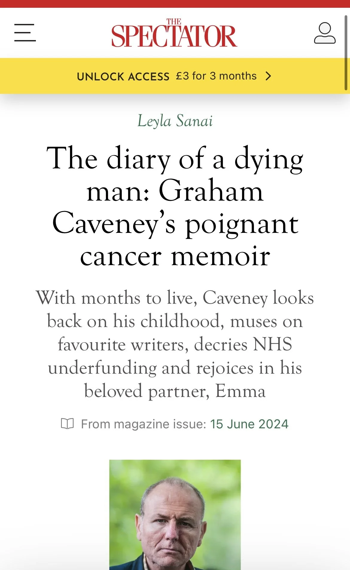 A screenshot of a magazine article from The Spectator featuring a book titled "The diary of a dying man: Graham Caveney’s poignant cancer memoir" with a photo of Graham Caveney at the bottom.