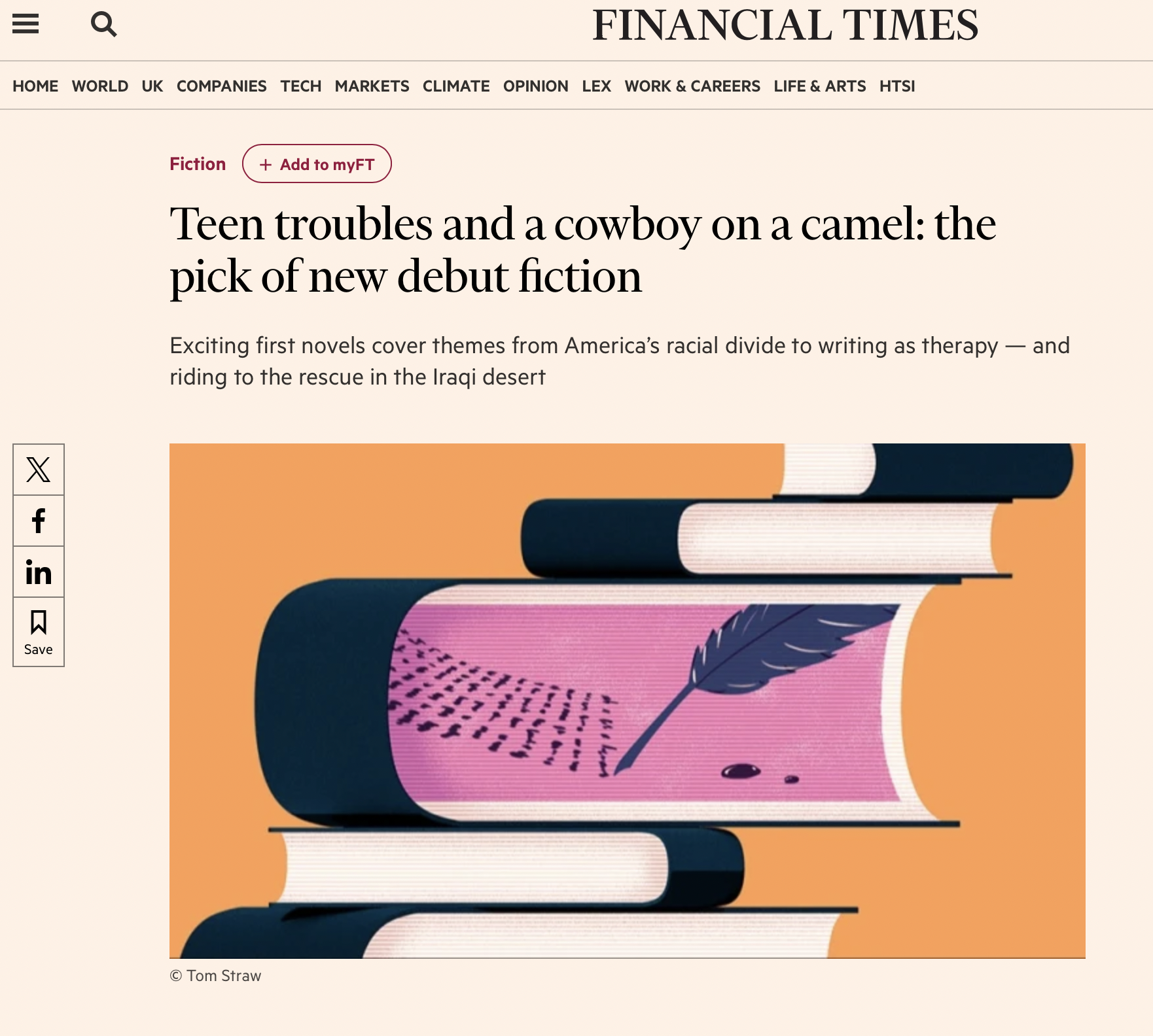 Illustration of several stacked books with a pink scroll unrolled, revealing a quill and ink drops on a pink background.