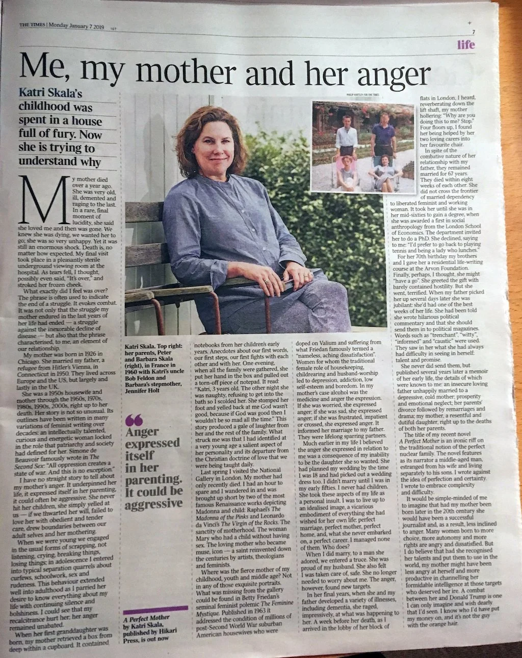 A newspaper article titled "Me, my mother and her anger" featuring a woman sitting on a bench, with a smaller picture of four people outdoors and a paragraph of text.