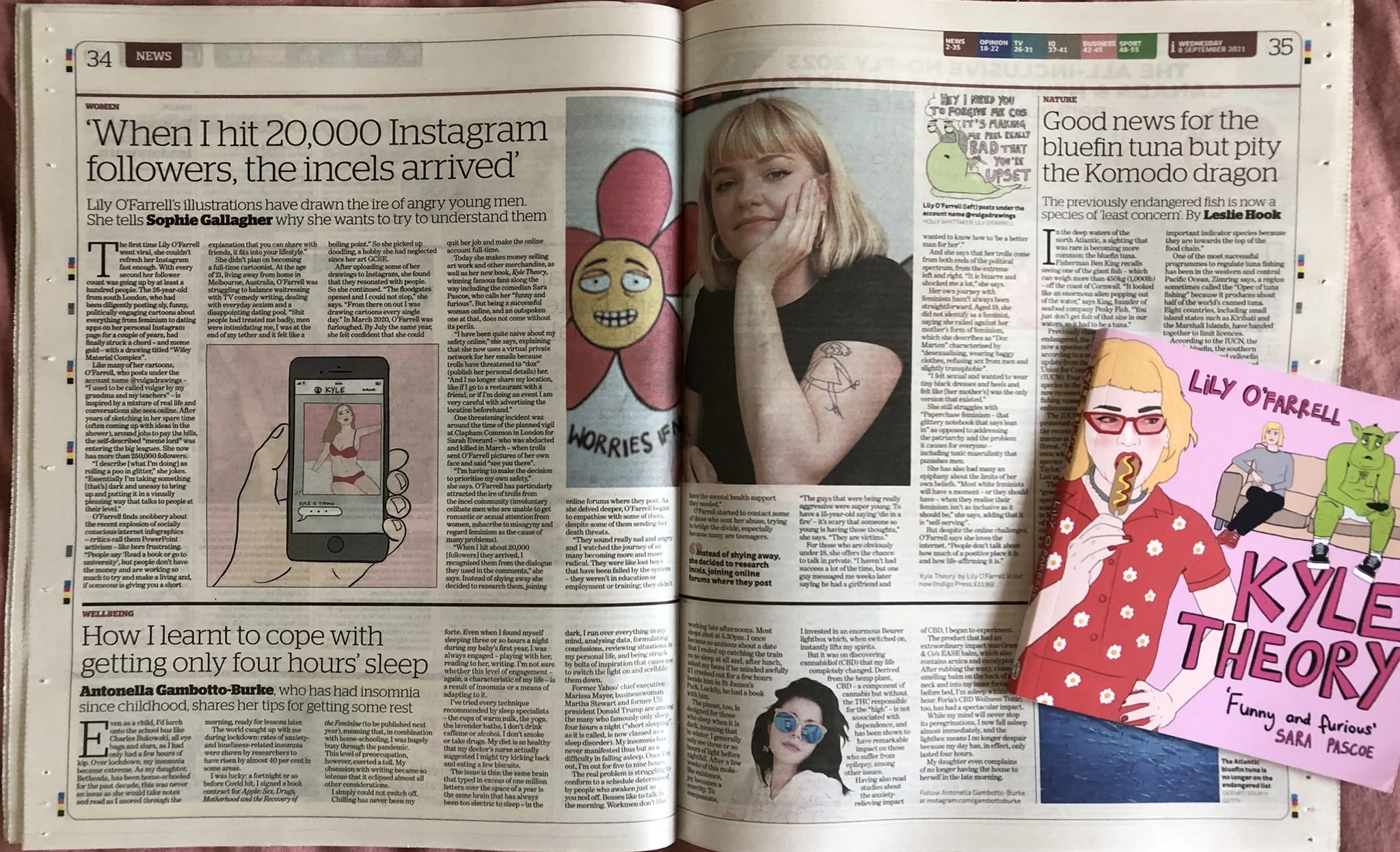 A newspaper spread with articles, illustrations, and photos. The left page contains an article about social media followers and insomnia, along with a cartoon drawing of a hand holding a phone, and an illustration of a woman with blonde hair. The rig
