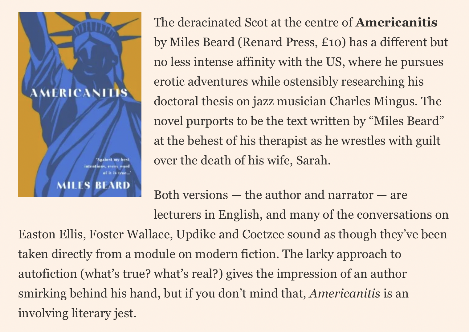 Book cover of 'Americanitis' by Miles Beard showing the Statue of Liberty in blue and gold background.