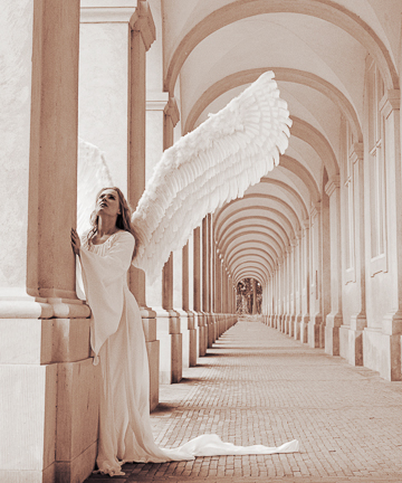 Serenity by Kerry Swank featuring an angelic figure beneath arched corridors symbolizing peace, healing, faith, hope, and spiritual guidance through light and quiet reflection.