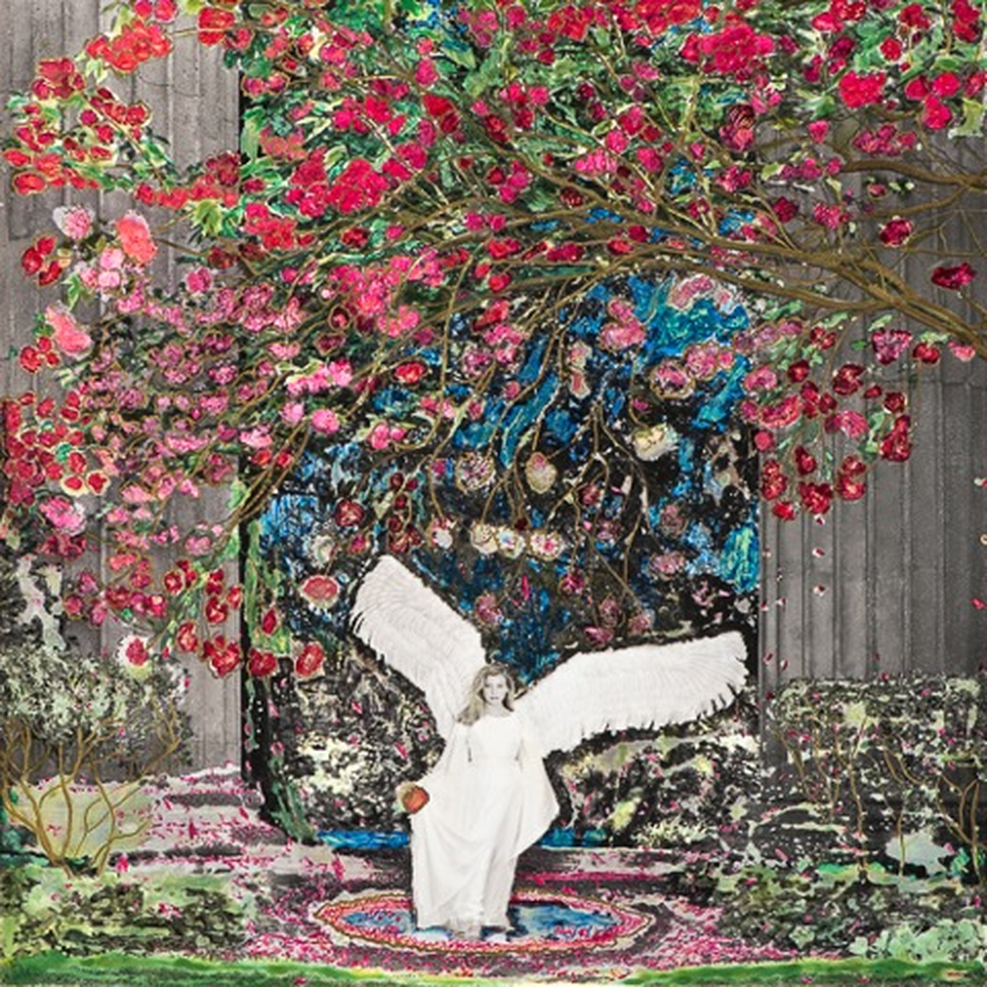 A woman in a white dress singing outdoors under a tree with pink blossoms, surrounded by colorful flowers and plants.