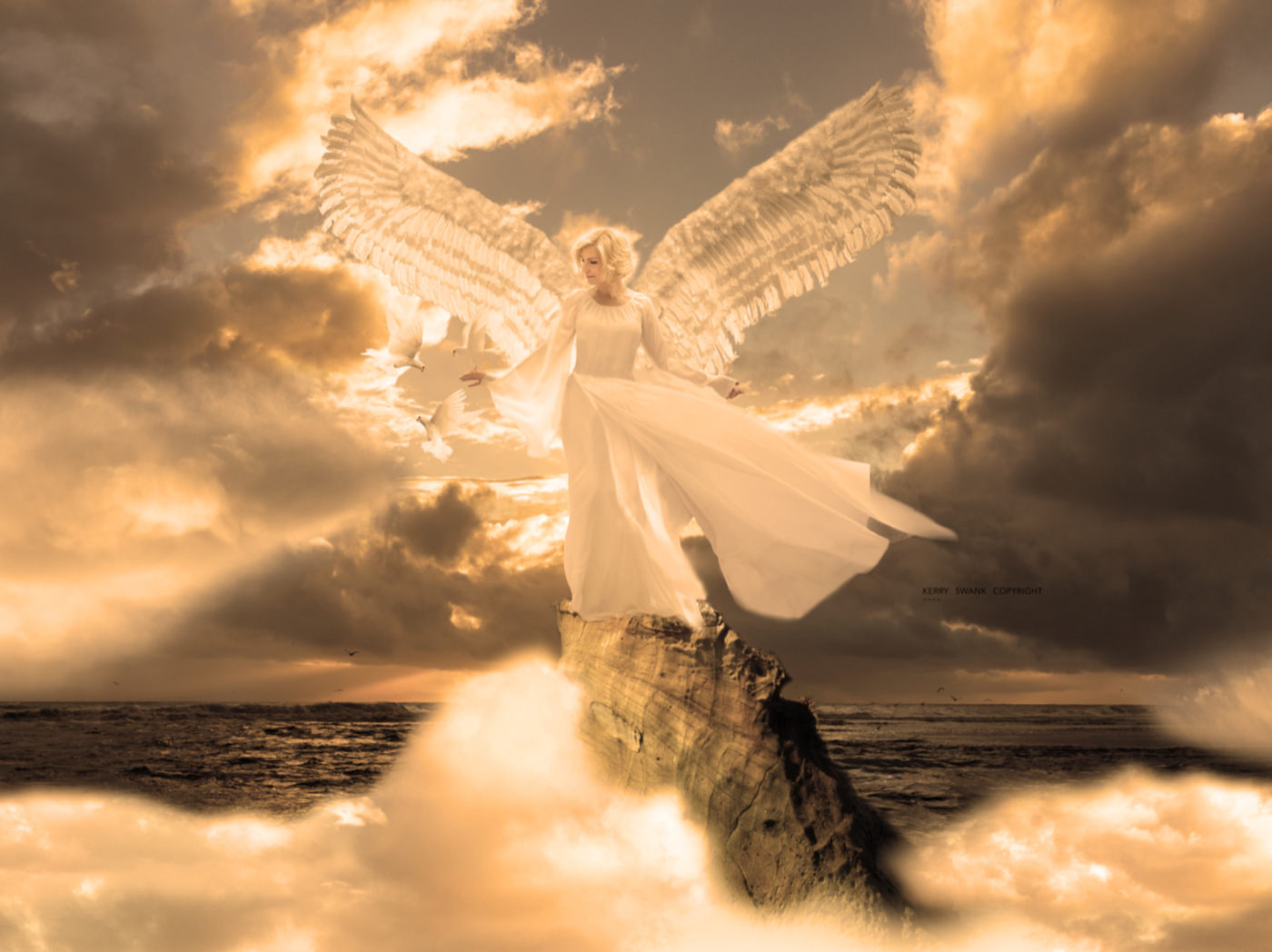 Ascending by Kerry Swank featuring an angelic figure rising above the ocean and clouds, symbolizing faith, peace, healing, hope, spiritual ascension, and God’s eternal presence.