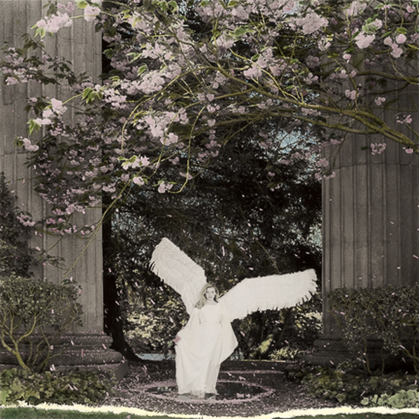 Innocence by Kerry Swank featuring an angelic figure beneath blooming trees and stone archways, symbolizing purity, peace, faith, healing, hope, and the gentle beauty of God’s presence.