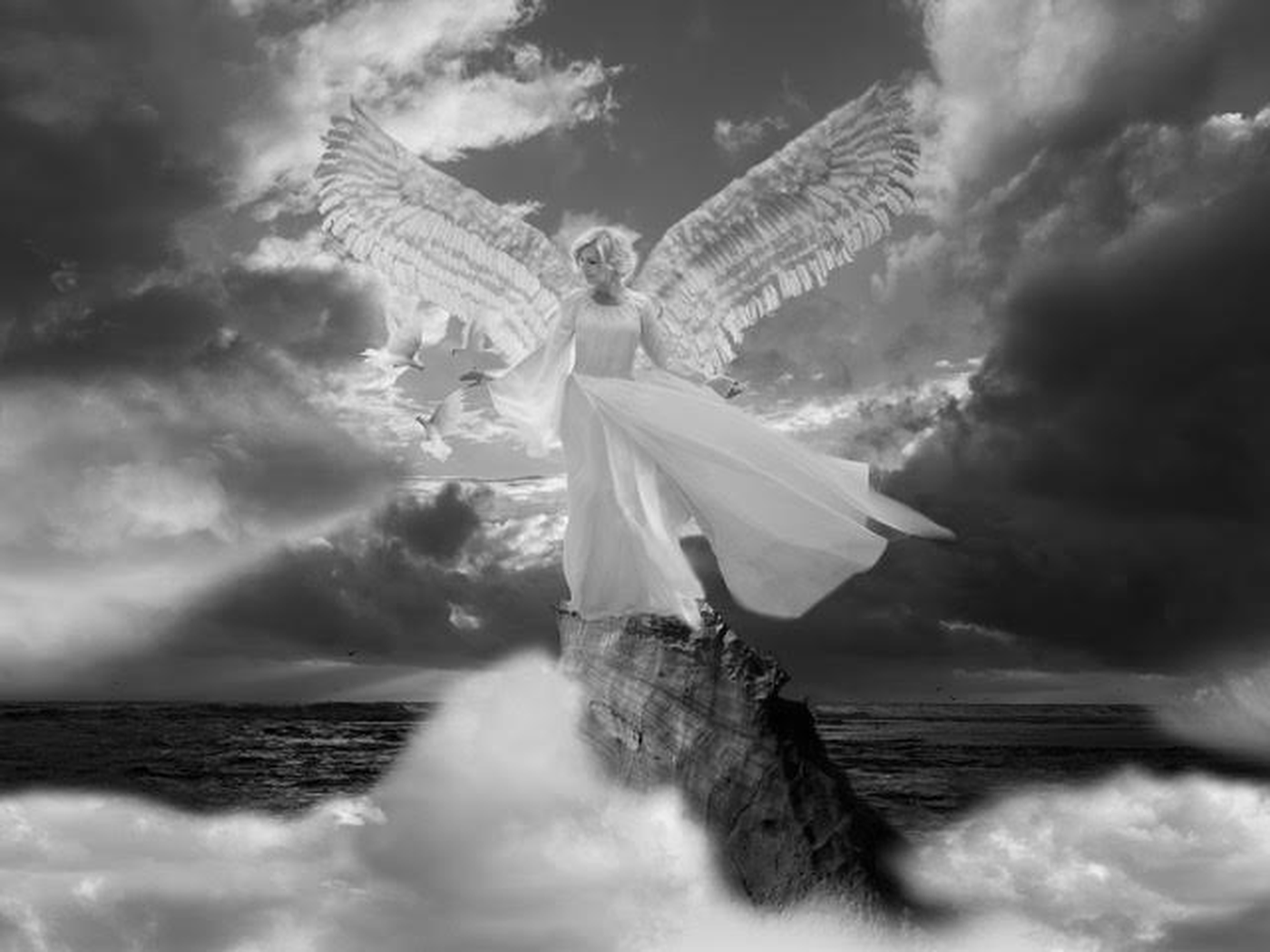 Ascending by Kerry Swank featuring an angelic figure rising above the ocean and clouds, symbolizing faith, peace, healing, hope, spiritual ascension, and God’s eternal presence.