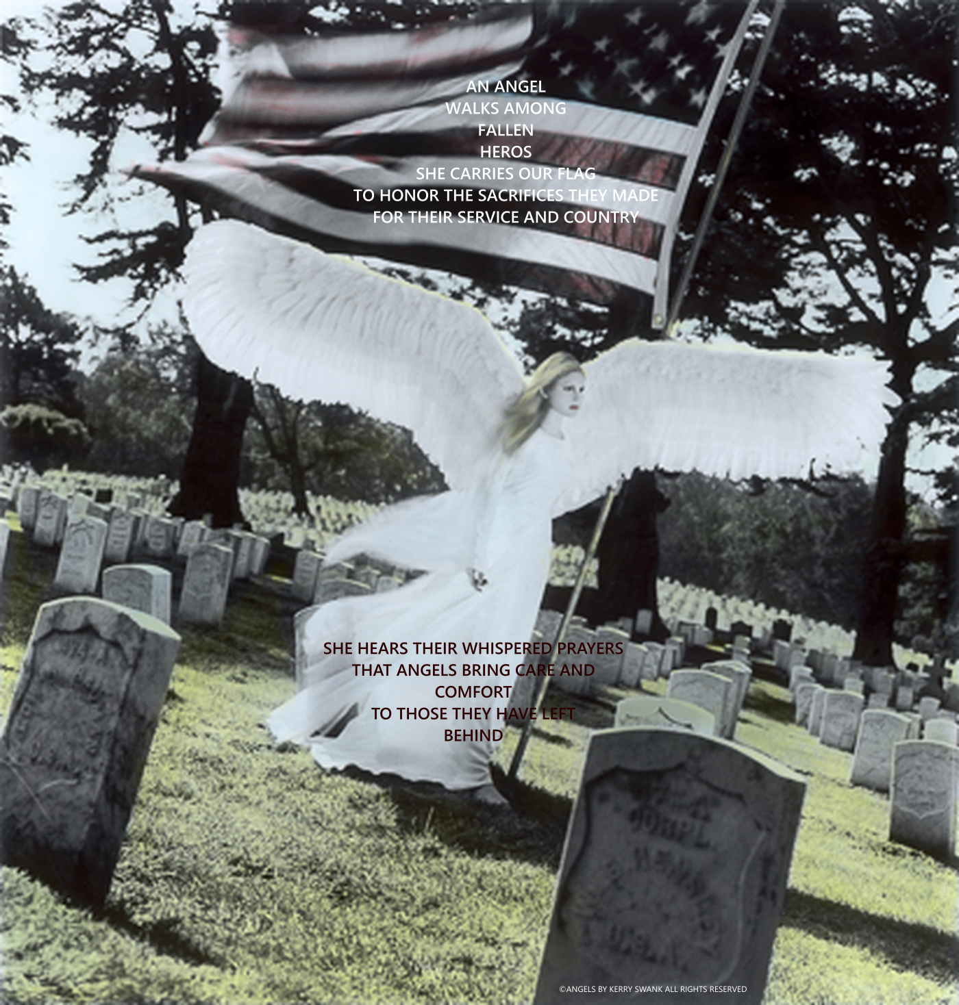 A white angel statue with large wings and blonde hair walking among grave markers in a cemetery, holding an American flag. Overlaid text honors fallen heroes and mentions angels bringing care and comfort to those left behind.