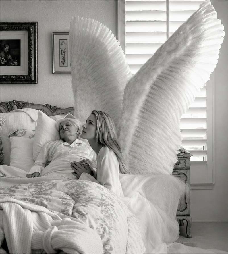 Divine Healing by Kerry Swank featuring an angelic figure beside an elderly woman, symbolizing God’s healing presence, peace, comfort, compassion, faith, and spiritual guidance during life’s final journey.