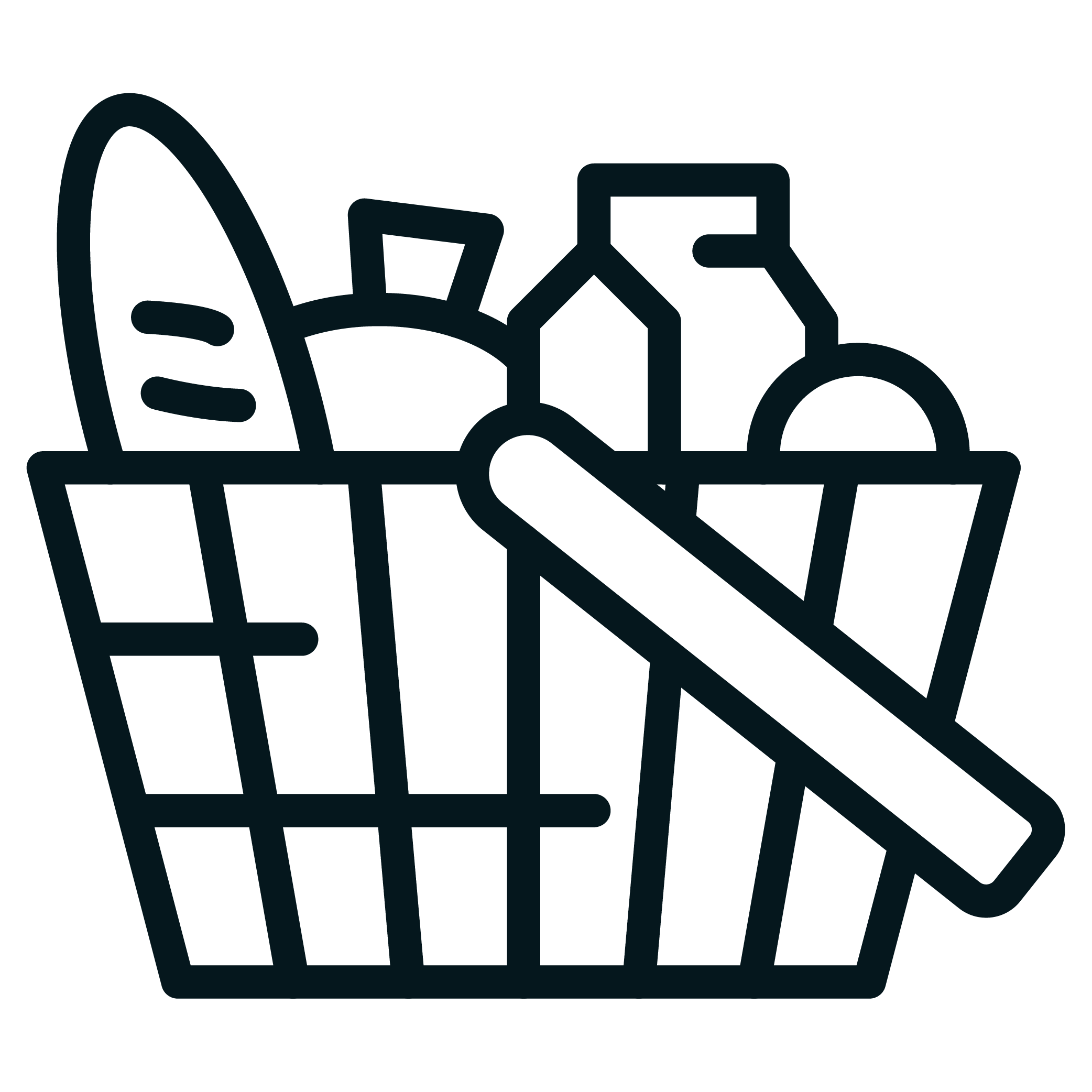 Outline drawing of a shopping basket filled with groceries, including a loaf of bread, a bottle, and various food items.