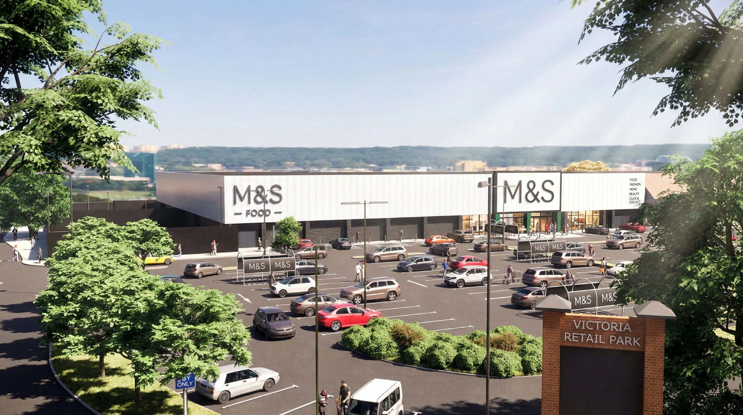 A parking lot outside Victoria Retail Park with trees and labeled parking spaces in front of an M&S Food store, which is part of a retail building with large signage. The scene includes pedestrians walking near the store and cars parked or moving in the lot, with a backdrop of a distant city skyline and a clear sky.