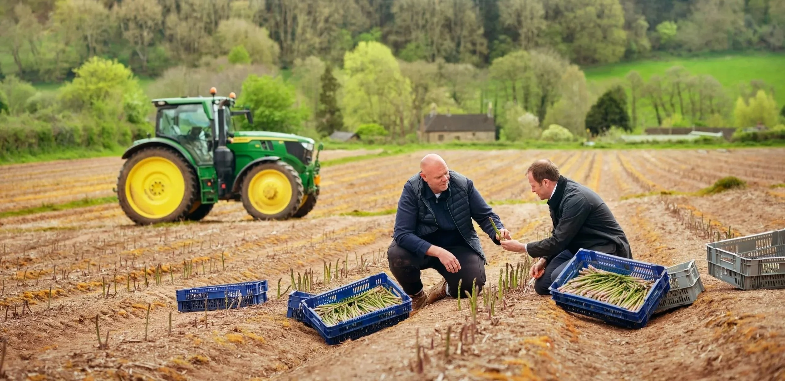 Two men are kneeling in a farm field, inspecting freshly cut asparagus in blue crates. A green tractor is in the background on the soil field, with a lush, green landscape and trees behind them.