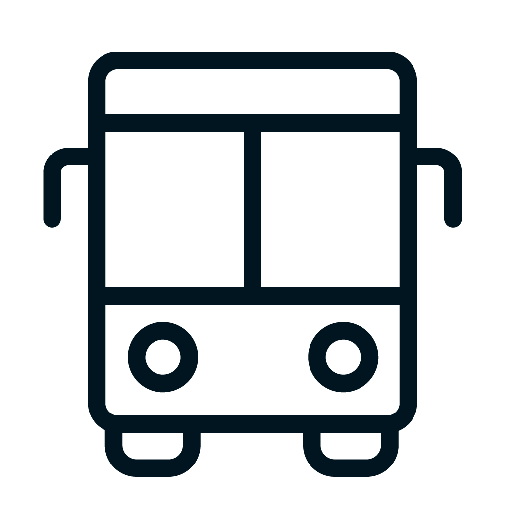 Icon of a bus with front view, two side mirrors, and two front wheels.