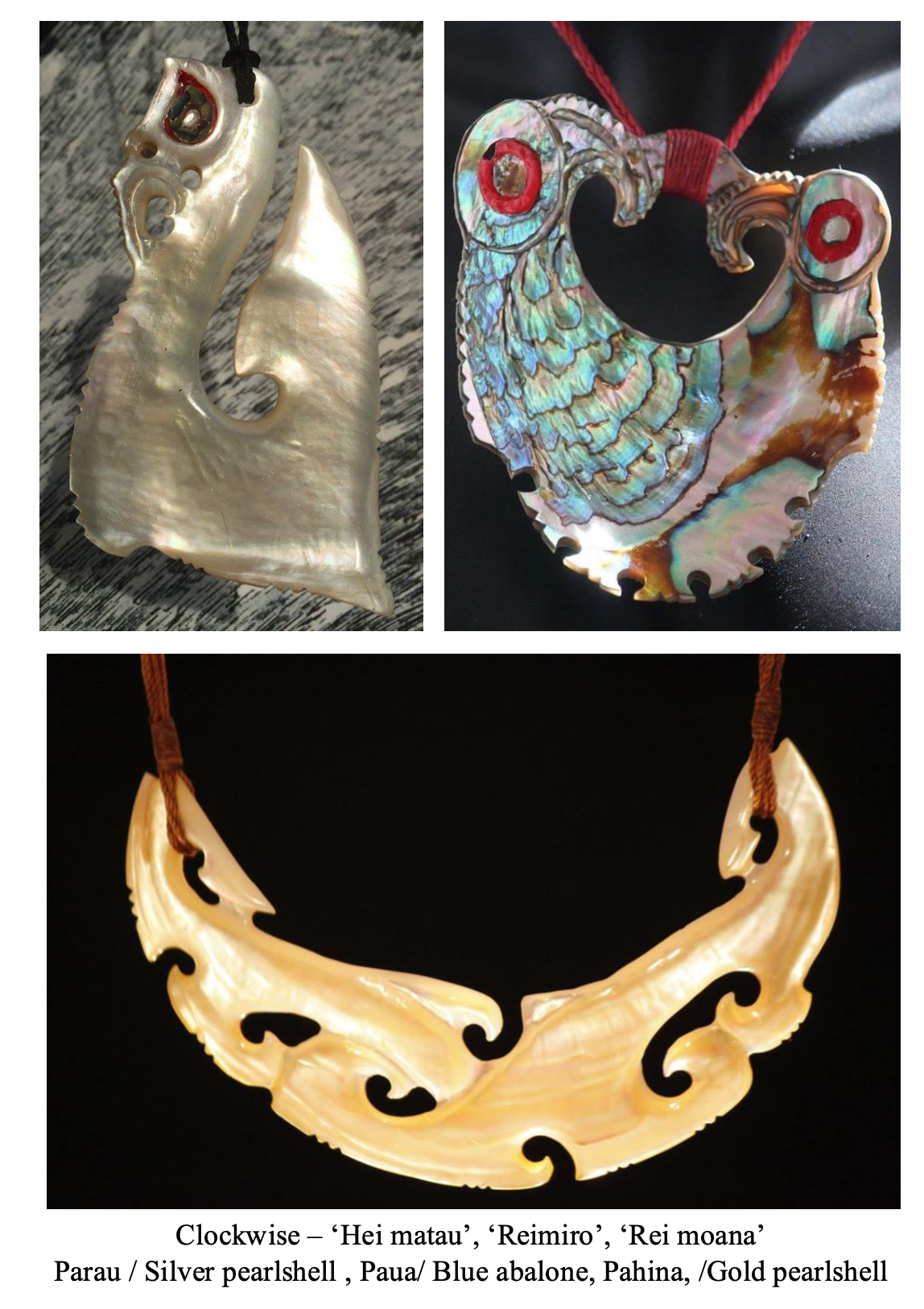 Three seashell necklaces: a white silver pearlshell, an abalone seashell, and a gold pearlshell, all decorated with spiral designs and hanging on cords. The text indicates their names and materials: 'Hei matau', 'Reimiro', 'Rei moana', with descriptions of the pearlshell and abalone shells.