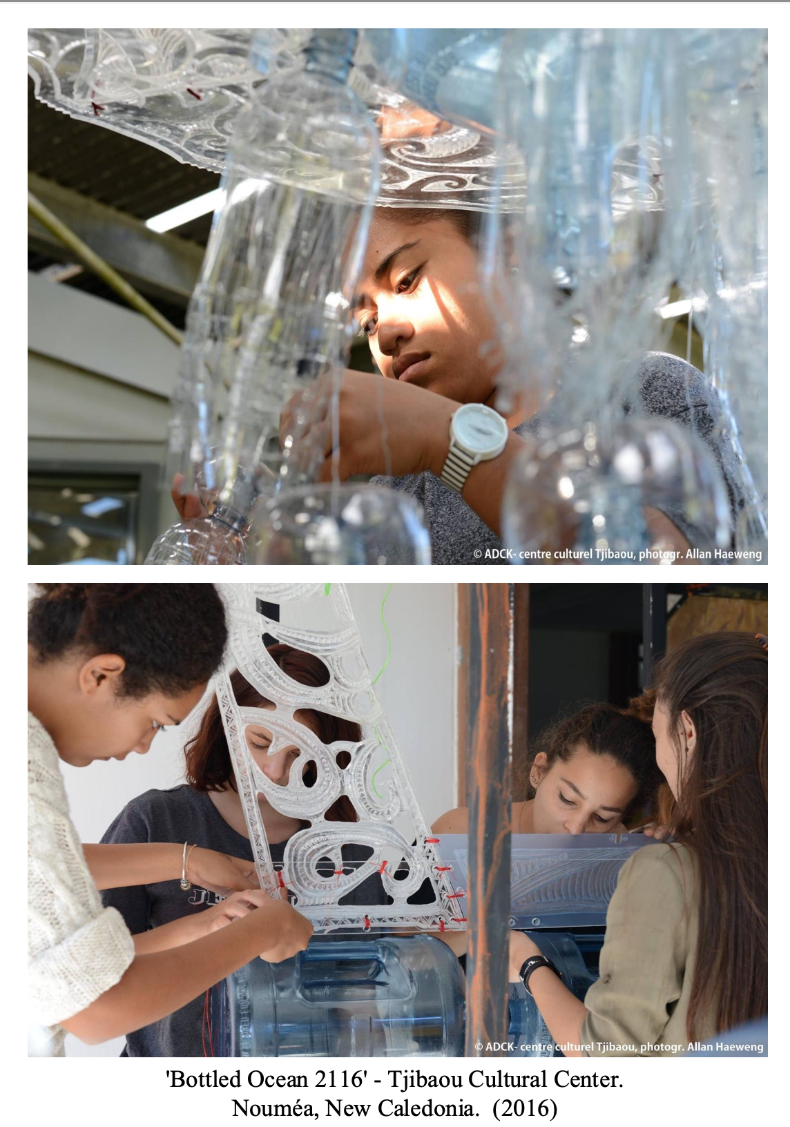 Two images of young women working on artistic projects with plastic bottles. The first shows a woman closely examining hanging transparent bottles, and the second shows three women assembling a structure with clear plastic bottles and intricate white framework at the Tjibaou Cultural Center in New Caledonia.